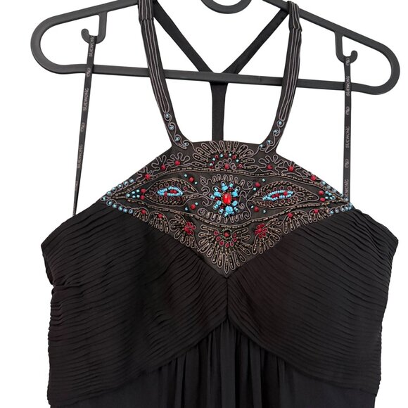 VTG Sue Wong Nocturne Y2K Black Silk Beaded Turquoise Halter Dress Womens 4 - Picture 3 of 8